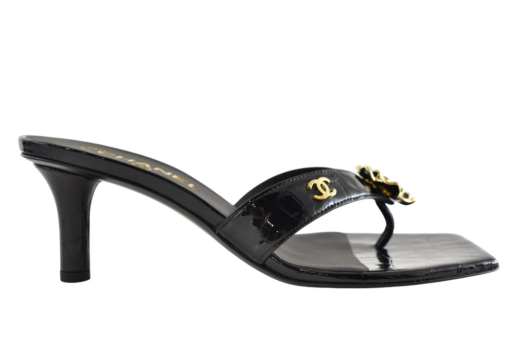 Chanel 26A Black Crocodile Croc CC Flower Backless Mule Heel Thong Sandal 37.5